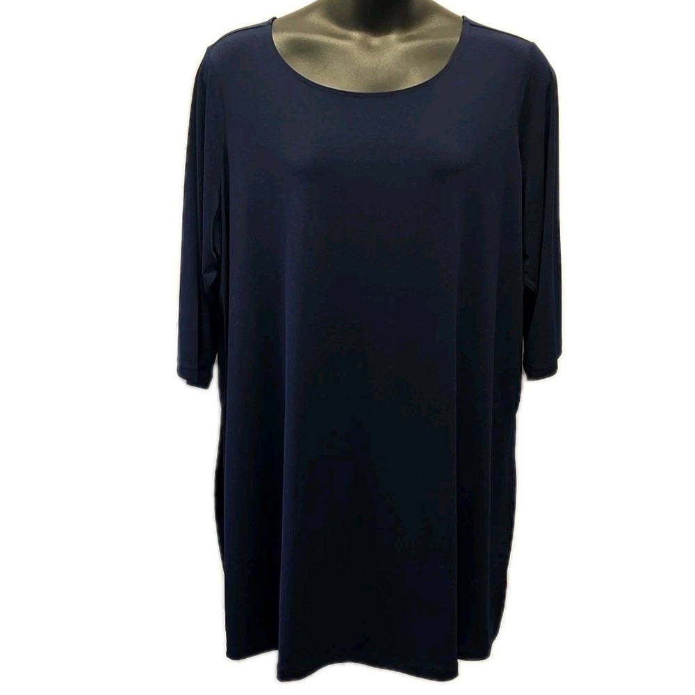 Susan Graver Tunic Top Womens 3X Navy Blue Liquid Knit Elbow Sleeve Side Vent